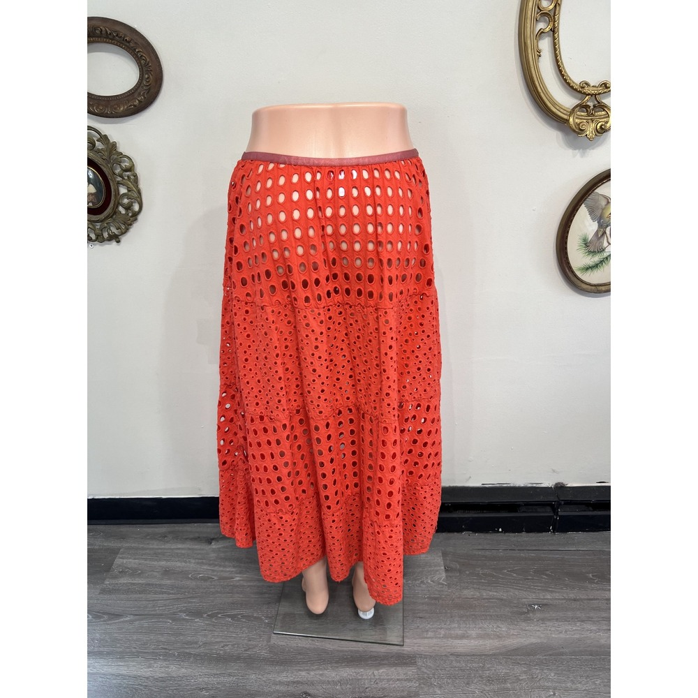 Solid & Striped Red Eyelet Cutout Tiered Midi Skirt Size Small - Picture 3 of 4